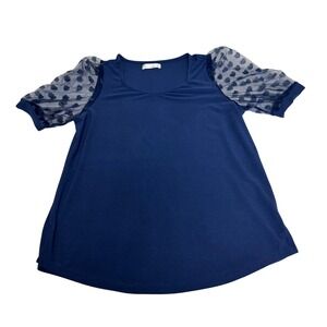 89th + Madison Womens Navy Blue Sheer Heart Puff Sleeve V-Neck Blouse Size M